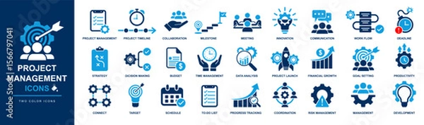 Fototapeta Project management icon set including strategy, teamwork, meeting, deadline, solution, decision making, workflow, goal, collaboration, communication, budget, innovation, risk management, schedule etc
