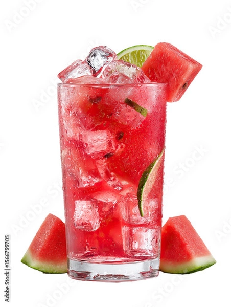 Fototapeta  Watermelon Juice with Ice in a Transparent Glass on Transparent Background
