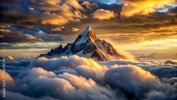 Fototapeta A majestic snowcapped mountain peak rises above a sea of clouds at sunset