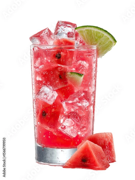 Fototapeta  Watermelon Juice with Ice in a Transparent Glass on Transparent Background