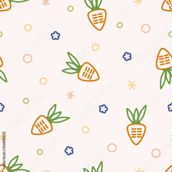 Fototapeta Cute mix outline carrot, circle and flower pattern seamless for vegetable background. Carrot and plant vector easter for wallpaper, clothing, wrapping, fabric, stationery, and phone cases.