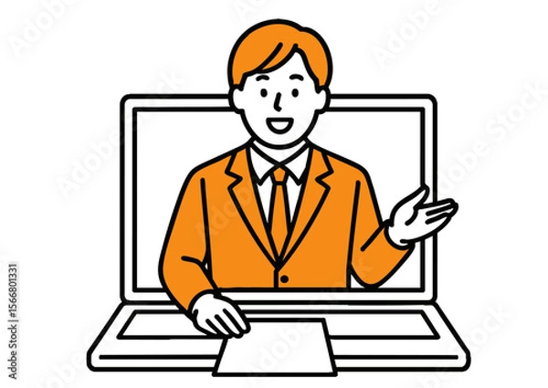 Fototapeta オンライン会議で話す30代ビジネスマンのイラスト