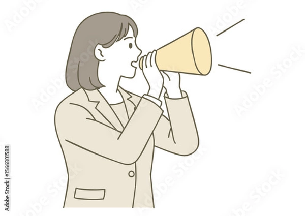 Fototapeta メガホンで呼びかけるスーツ姿の女性のイラスト