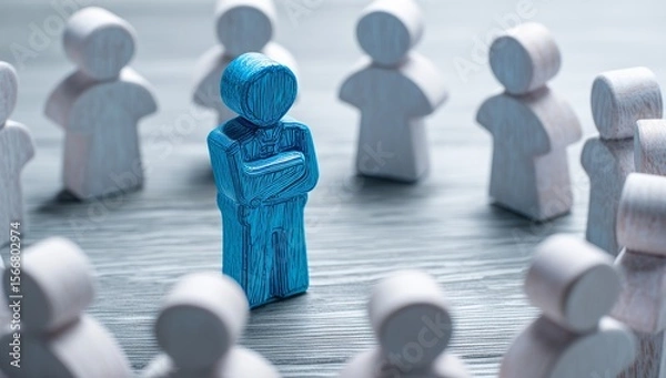 Obraz A unique blue wooden figure stands confidently amidst a group of white figures, symbolizing individuality, leadership, and difference in a collective.