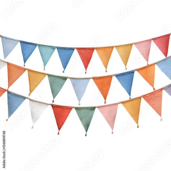 Fototapeta Three rows of colorful knitted triangle bunting flags strung on a cord isolated on transparent background