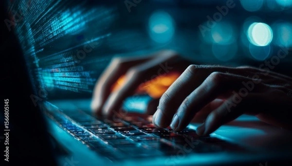 Obraz Close-up of a person's hands typing on a laptop keyboard with glowing blue digital code projected over the screen, representing technology and data.