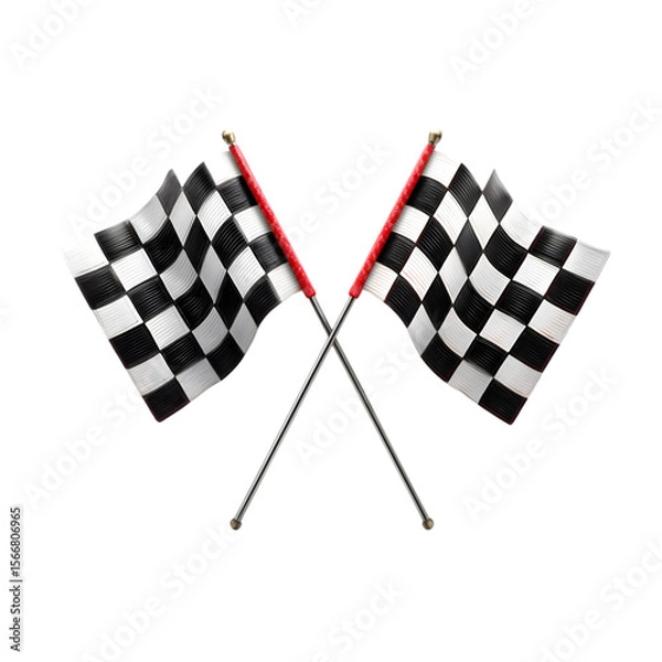 Fototapeta Two crossed checkered racing flags with red poles isolated on transparent background