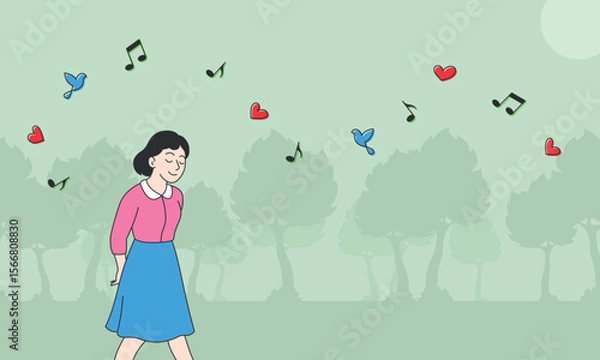 Fototapeta Dreamy woman walking in the park, enjoying the melody of nature and inner peace. Perfect for themes of mindfulness, harmony, dreaming, or mental health awareness.