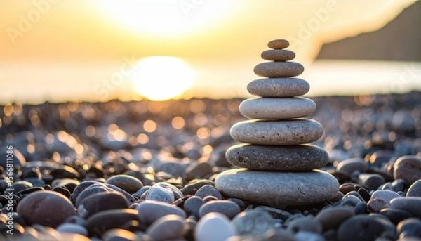 Fototapeta Stacked pebbles with sun, ocean background, sunset serenity