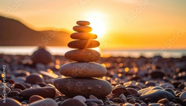 Fototapeta Stone stack on beach at sunset, sunburst effect, nature's balance