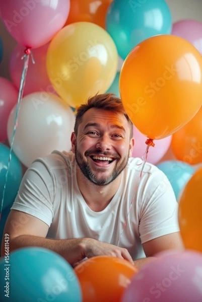 Fototapeta A plus-size white man peeks through many balloons, laughing joyfully. The scene is bright and festive, celebrating a birthday party