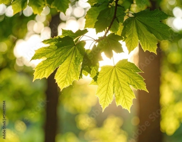 Fototapeta Sunlight streams through green leaves, creating a warm, bright image