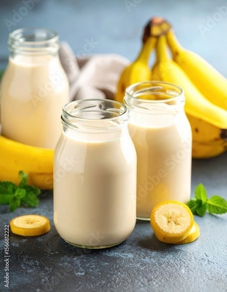 Fototapeta Three glass bottles with banana beverage and banana slices