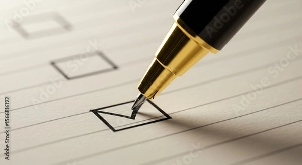 Fototapeta Golden Pen Marking Checklist Box on Lined Paper, Close-Up View