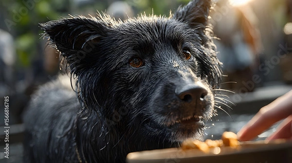 Fototapeta Wet working dog eagerly eating a nutritious meal outdoors after a fun day of play in the sun and water with happy expressions of joy.
