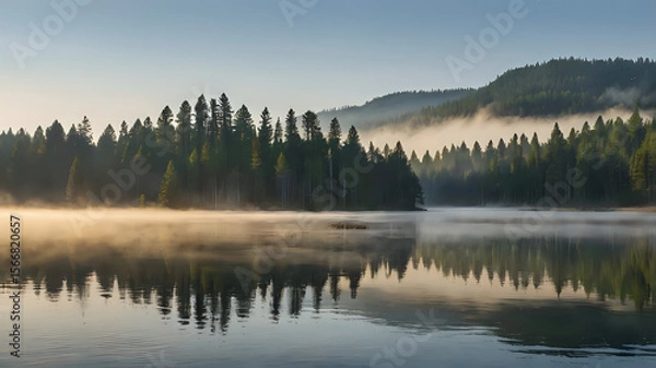 Obraz A calm lake at morning with mist gently rising from the surface, surrounded by pine trees and soft morning light