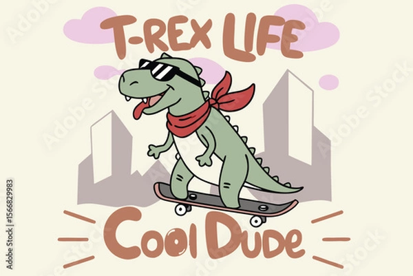 Fototapeta Cartoon T Rex with Sunglasses Riding Skateboard in the City