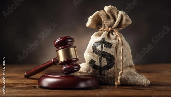 Obraz Conceptual image of a judge's gavel and a money bag, representing financial law, legal settlements, and court auctions.
