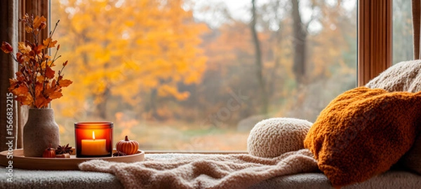 Fototapeta Close-up horizontal shot of minimalist space with autumn style.Natural light outside.