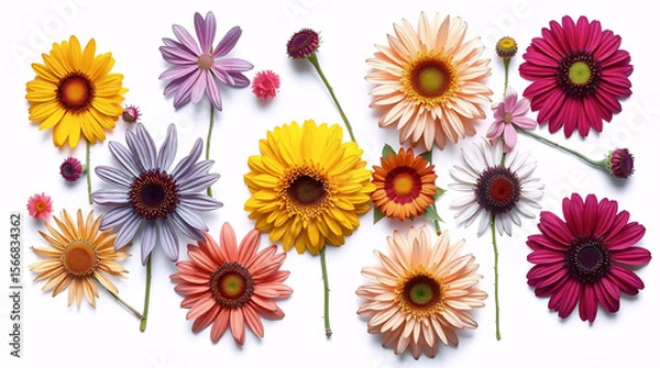 Obraz arrangement of bright daisy flowers in warm tones on a white background