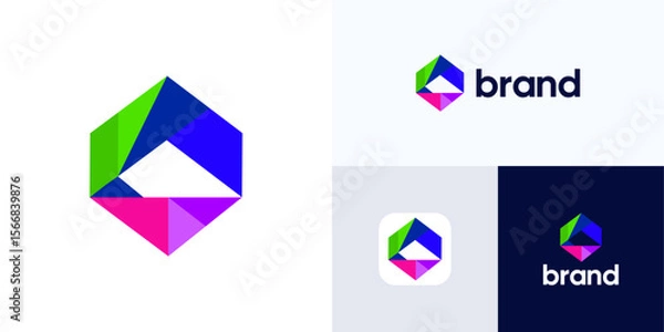 Fototapeta Modern hexagon abstract with multicolored, Logo icon design vector illustration element, Symbol cube or box dynamic vibrant colorful concept for brand identity and business company