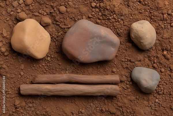 Fototapeta Natural arrangement of rocks and sticks on bed of soil earthy still life