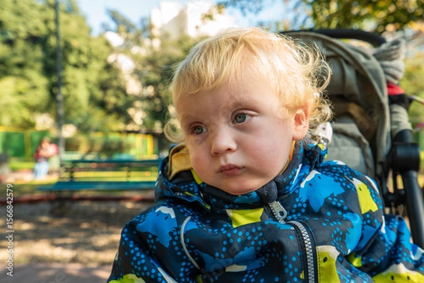 Fototapeta A baby is sitting in a stroller with a blue jacket on