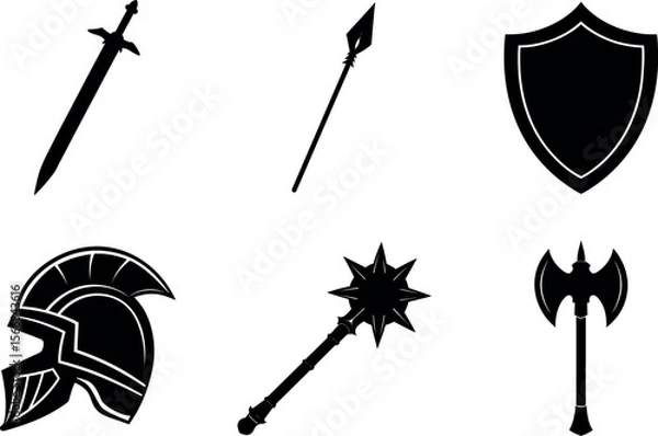 Fototapeta Collection of medieval weapons and armor silhouette vector illustration