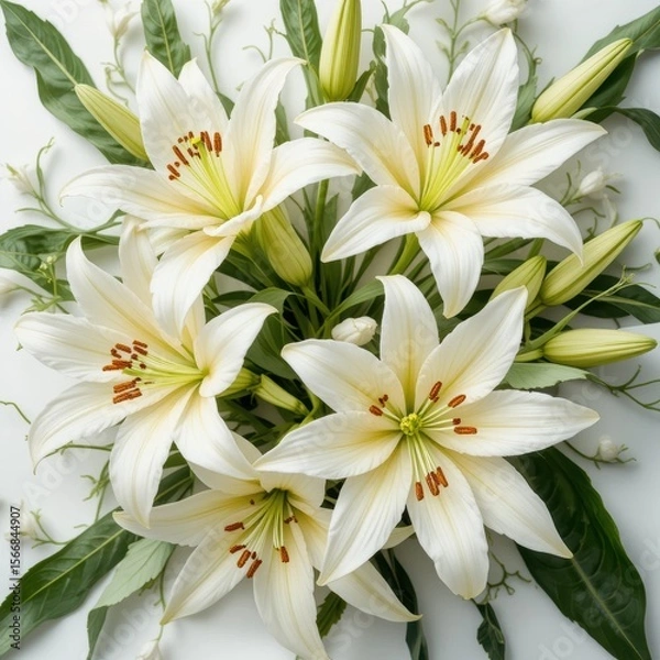 Fototapeta the image shows a cluster of white blooms set against a clean white background. the flowers feature large, open petals that curve gently outward, revealing orange tipped stamens in the center