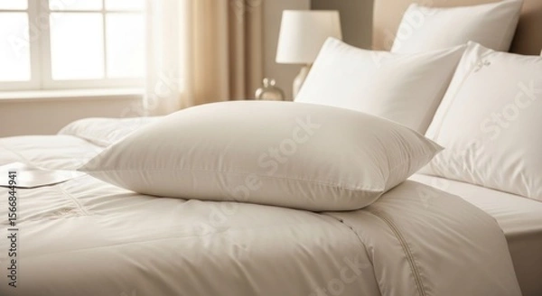 Fototapeta Plush white pillow resting on a comfortable bed in a sunlit bedroom. A serene scene for rest, relaxation, and peaceful sleep.