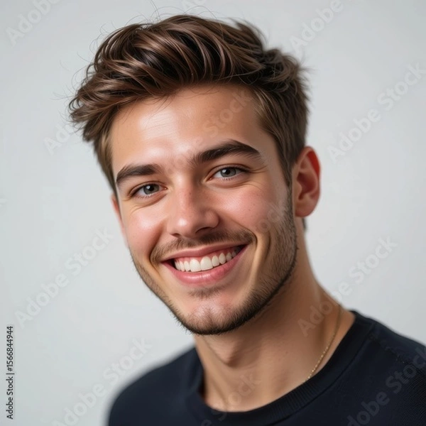 Fototapeta the image presents a close up portrait of a person, angled slightly towards the viewer. the person displays a large smile, showing their teeth. they have short, styled hair and light stubble