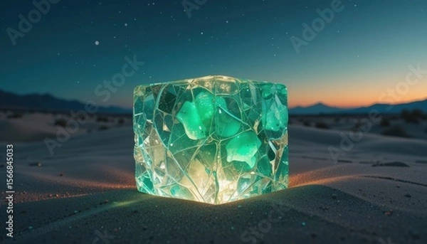 Fototapeta the image showcases a luminous cube resting on a sandy surface, set against a backdrop of a dusk sky and distant mountains