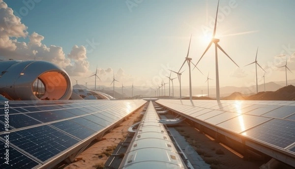 Fototapeta the image showcases a futuristic landscape with a focus on sustainable energy. in the foreground, there are large arrays of sun absorbing panels aligned in neat rows, reflecting sunlight