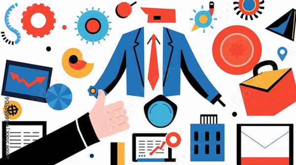 Obraz flat illustration of businessman with gear and chart icons representing corporate management