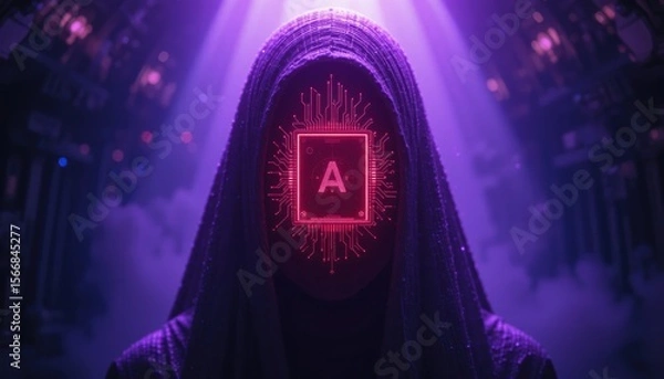 Fototapeta the image features a cloaked figure bathed in purple light in an industrial setting