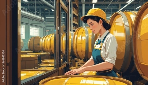 Fototapeta the illustration depicts a person in a yellow hard hat working within a storage or processing facility
