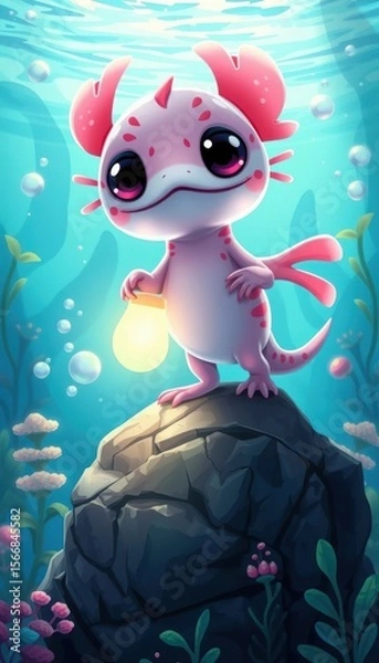 Fototapeta the illustration shows an animated pink creature with big eyes and feathery appendages standing atop a craggy rock in an underwater scene. the creature holds a glowing object that emits light