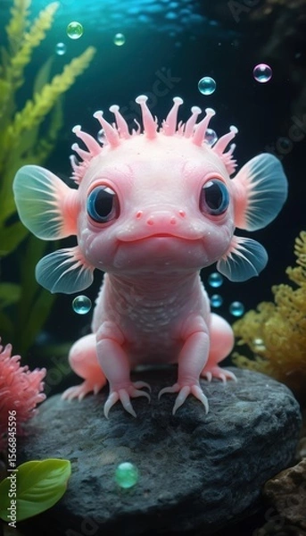Fototapeta in an underwater environment, a pink animal rests on a rock. the animal has large, blue eyes, and several small feathery protrusions along the top of its head