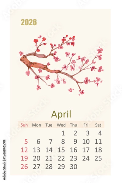 Fototapeta watercolor 2026 calendar page for April. east painting sakura branch of blooming tree. flowering cherry tree
