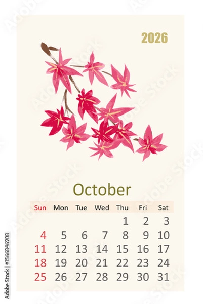 Fototapeta watercolor 2026 calendar page for October. east painting branch of japan maple