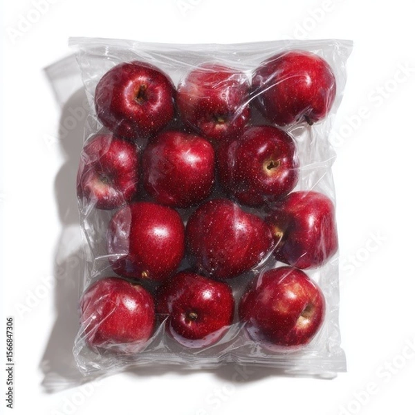 Fototapeta A vacuum-sealed empty bag filled with apples on a white background. Studio product photography, harsh plastic reflections, soft studio lighting