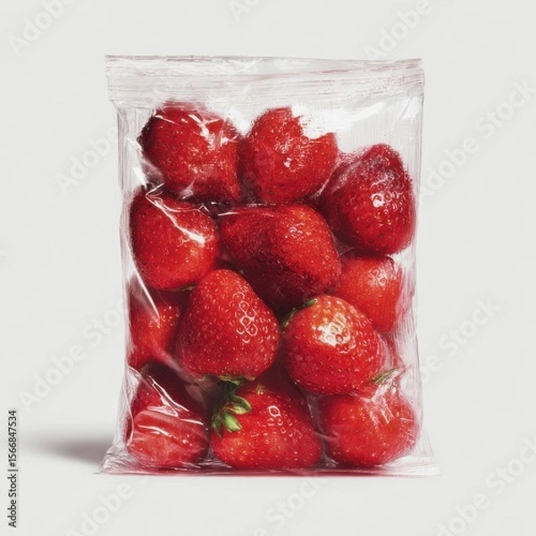 Fototapeta A vacuum-sealed empty bag filled with strawberries on a white background. Studio product photography, harsh plastic reflections, soft studio lighting