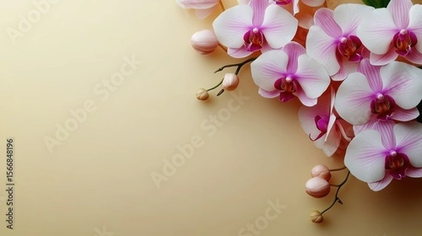 Fototapeta Delicate pink orchids with buds grace a smooth, neutral backdrop, showcasing elegance