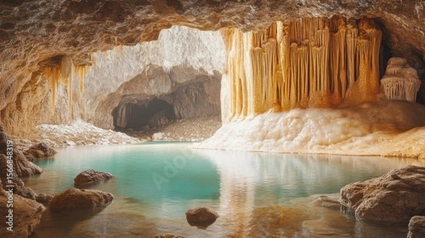 Fototapeta Stalactites hang above shimmering waters in a tranquil cave environment at midday