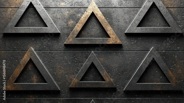 Fototapeta Textured dark wall showcases an artful display of metallic triangles in unique formations