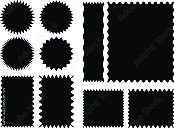 Obraz Zigzag edges set. Torn paper, jagged rectangular shape box element set with zigzag edges. Silhouette stickers circle, square, oval and rectangle labels
