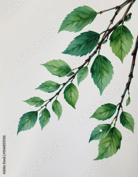 Obraz Elegant Green Leaves Branch Against Soft White Background