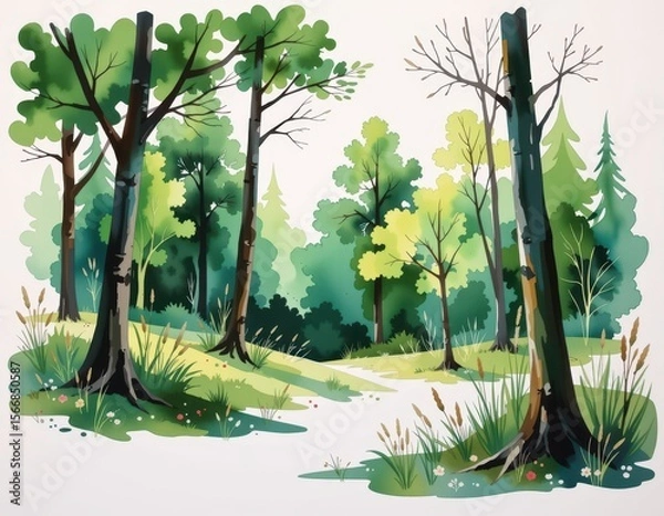 Obraz Lush Green Forest Pathway Surrounded by Diverse Trees and Foliage