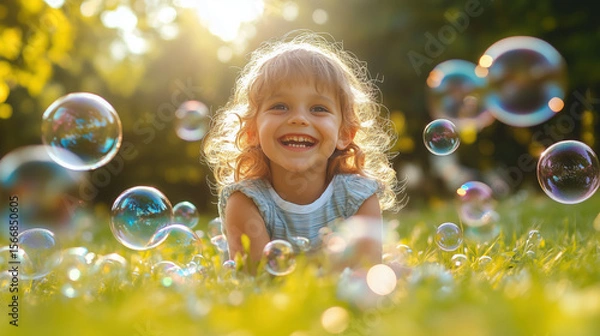 Fototapeta kids playing joyfully in a garden with soap bubbles