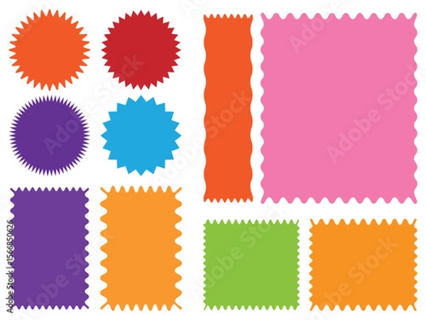 Fototapeta Set of Zigzag and colorful Shape. Rectangle shape frame with zigzag edge. Elements for design of text box, badge, banner. Rectangle, square and oval shape frame with zigzag edge